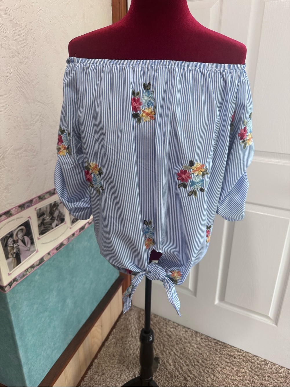 Blue Pinstripe Off-Shoulder Tie Front Top with Floral Embroidery
